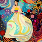 Colorful illustration of woman in flowing dress with abstract floral patterns