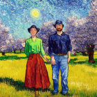 Colorful Expressionist Painting of Man and Woman in Floral Landscape