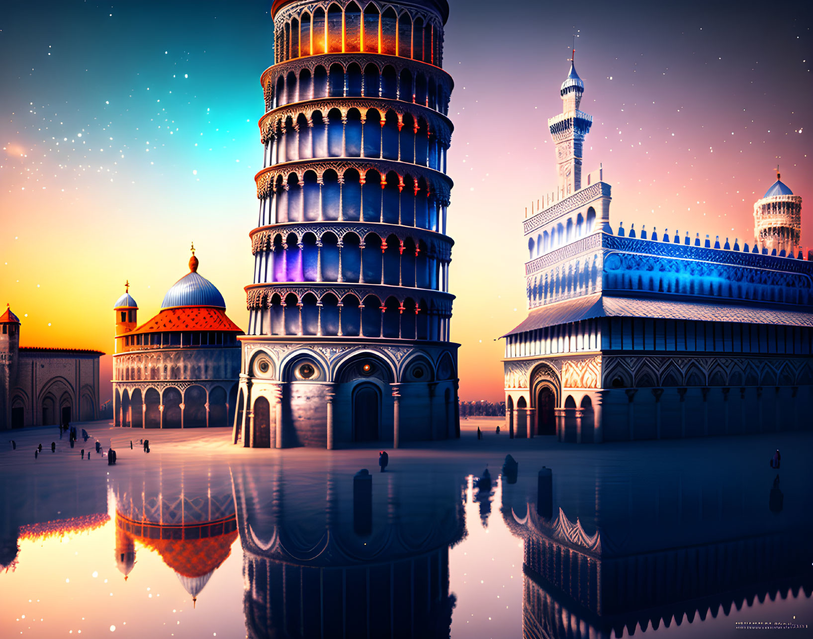 Detailed artistic rendering of Pisa tower and architecture on glossy surface under twilight sky