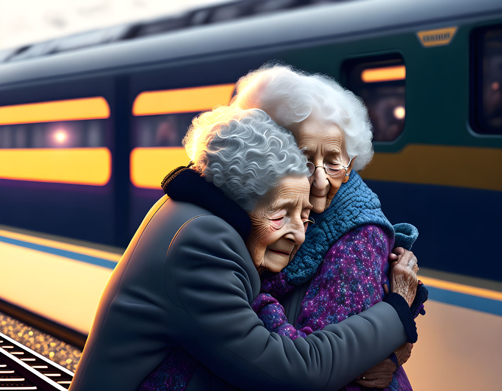 Two elderly women embracing at train station during sunset