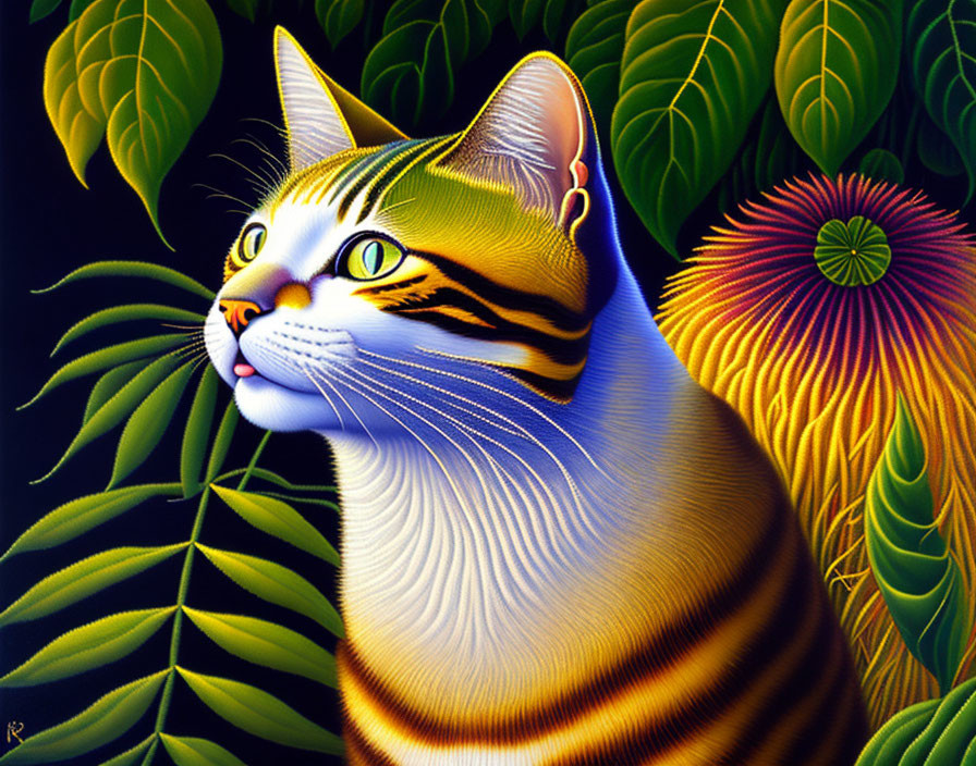 Colorful Cat Illustration with Green Eyes and Leafy Background
