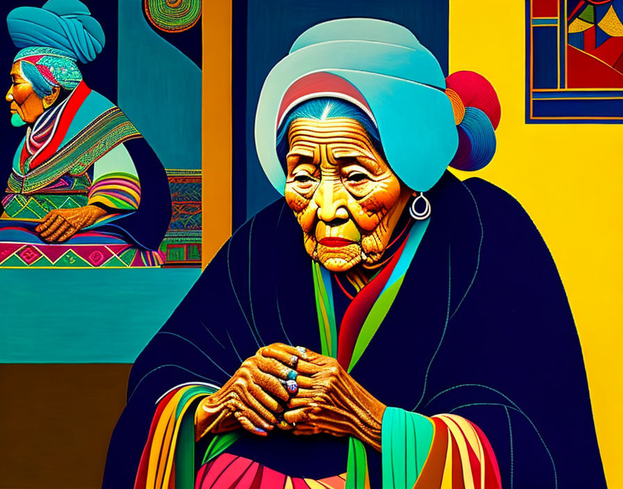 Colorful Portrait of Elderly Woman in Headscarf with Folded Hands