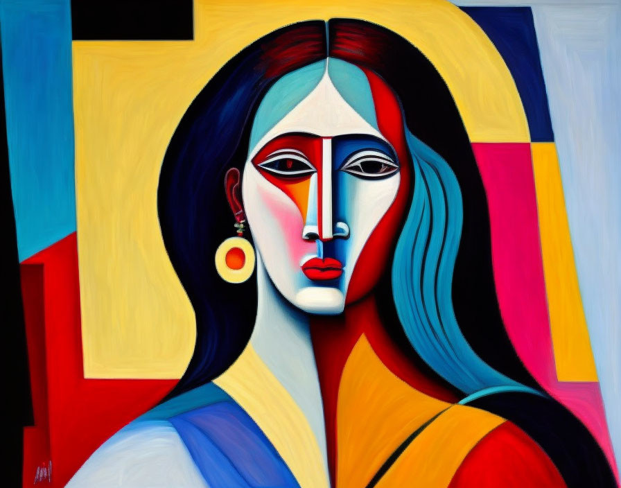 Vibrant Cubist-Style Woman Painting with Abstract Features