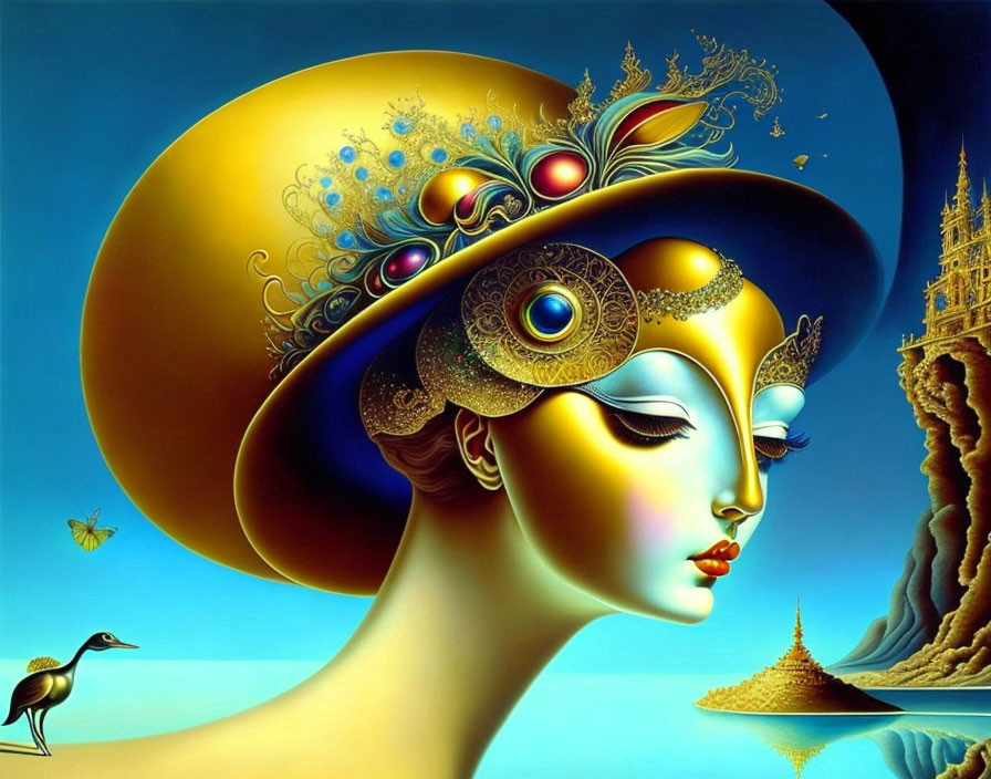 Surreal artwork of woman's profile with ornate mask and helmet in fantastical landscape