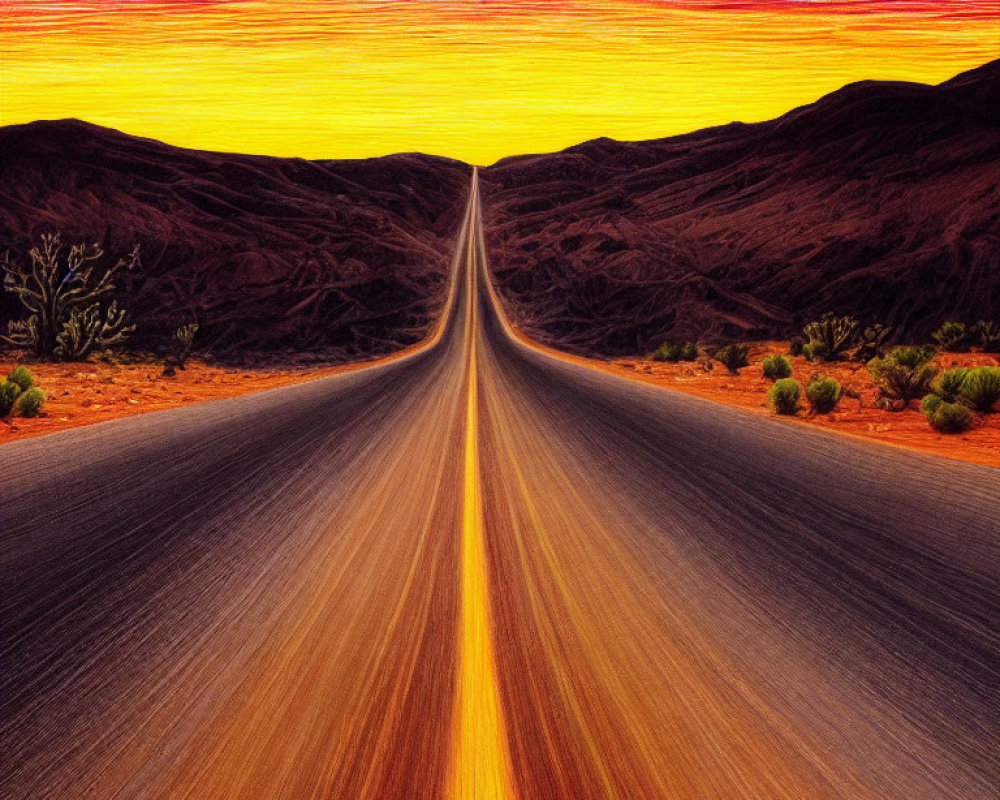 Colorful sunset over desert road with sparse vegetation