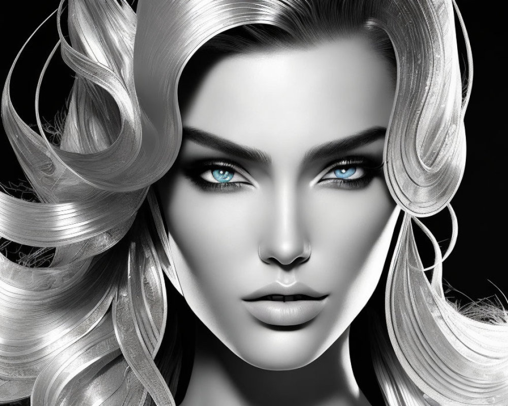 Monochromatic image of a woman with flowing hair and striking blue eyes.