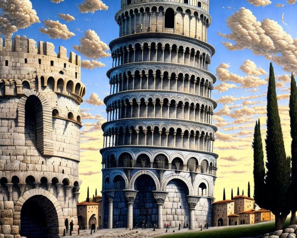 Digital artwork: Castle merged with Leaning Tower of Pisa under dramatic sky