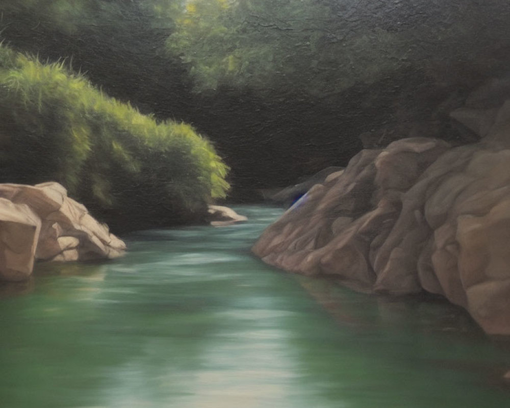 Tranquil river surrounded by rocks and lush greenery with soft light.