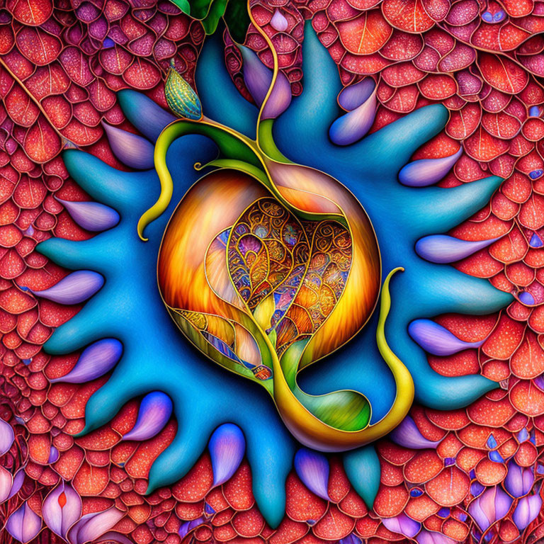 Colorful Heart-Shaped Digital Art with Blue Petals and Red Textures