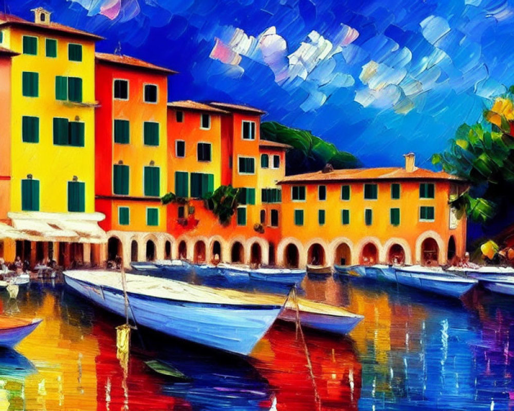 Vibrant Impressionistic Painting of Mediterranean Coastal Scene