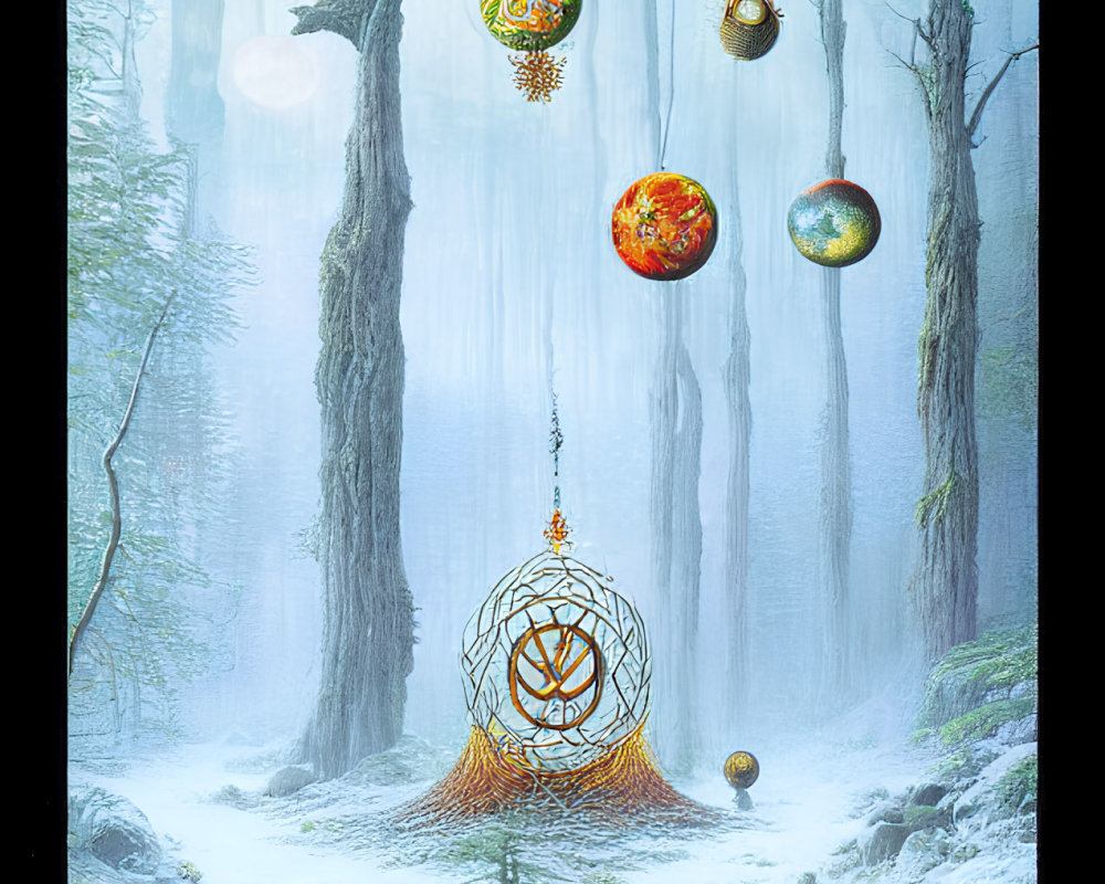 Ethereal winter forest with colorful baubles and ornate chair