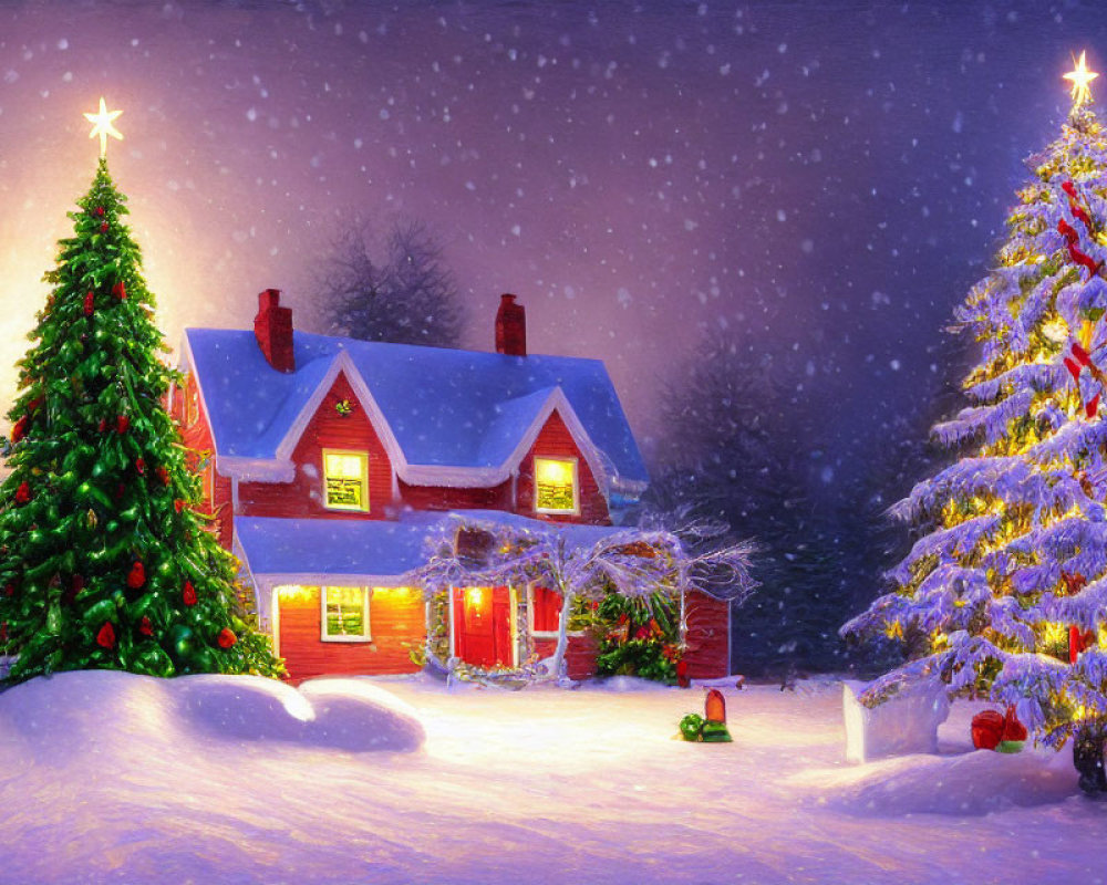 Snow-covered house with Christmas lights and decorated tree in snowy night scene