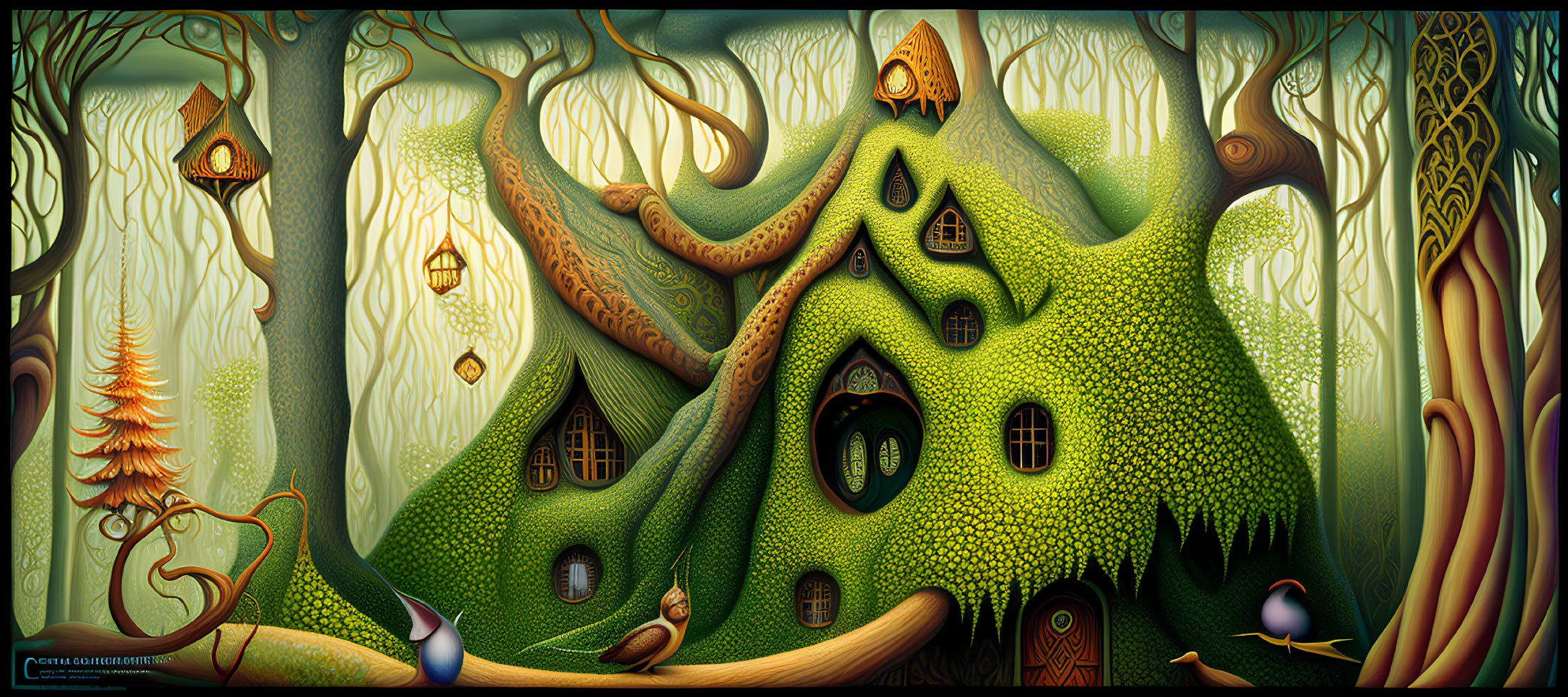 Whimsical treehouses in enchanting forest scene