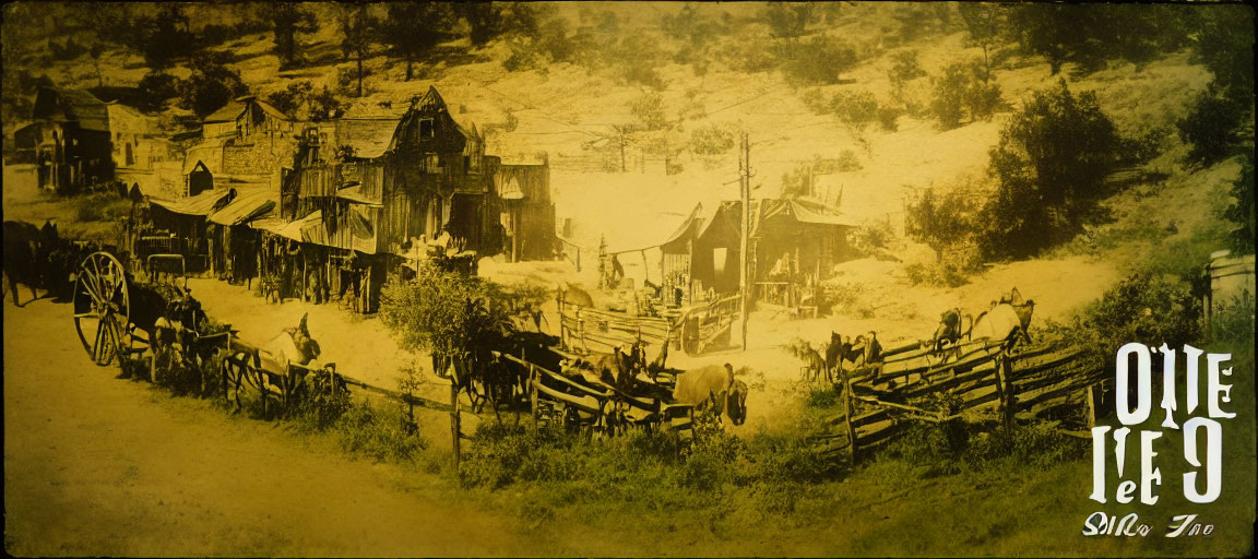 Vintage Western town scene with wooden buildings, horse-drawn wagons, and sepia tones.