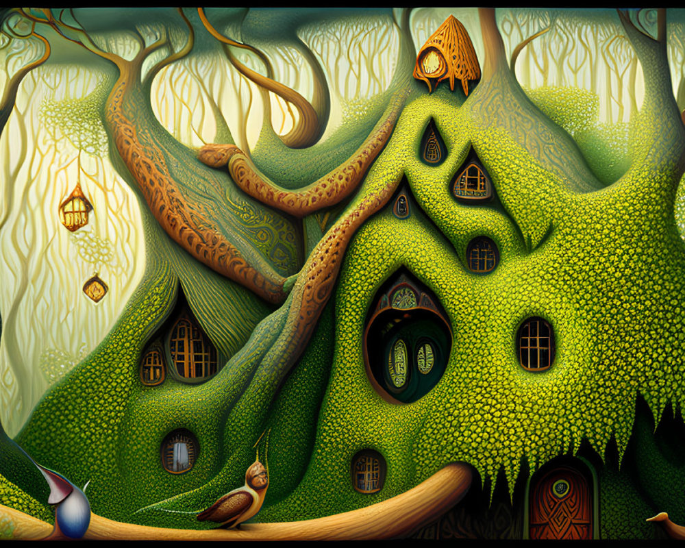 Whimsical treehouses in enchanting forest scene