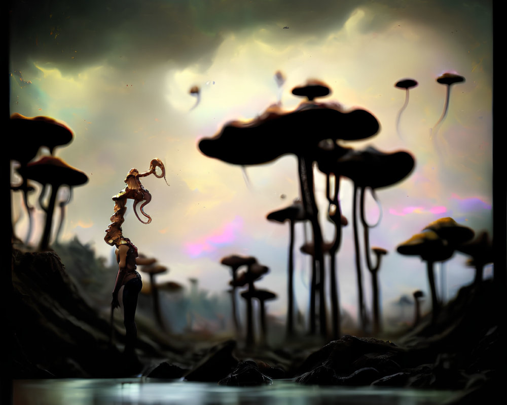 Ethereal landscape with towering mushroom-like structures and reflective water body