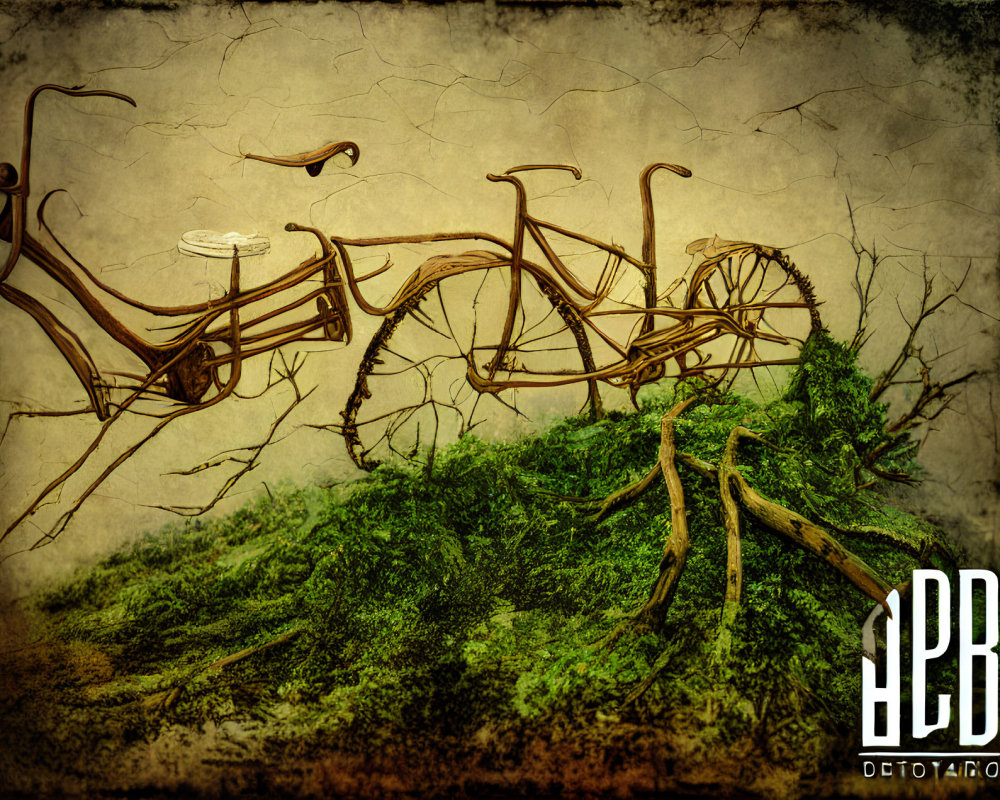 Vintage bicycle overgrown with vines on sepia background.