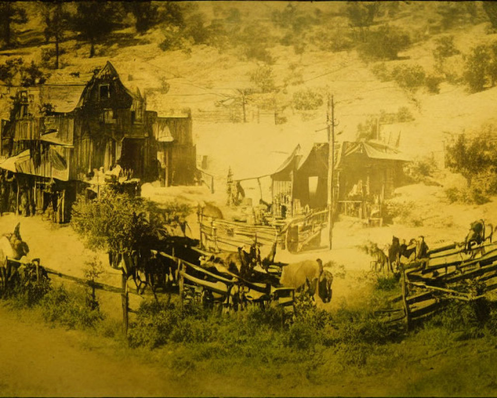 Vintage Western town scene with wooden buildings, horse-drawn wagons, and sepia tones.