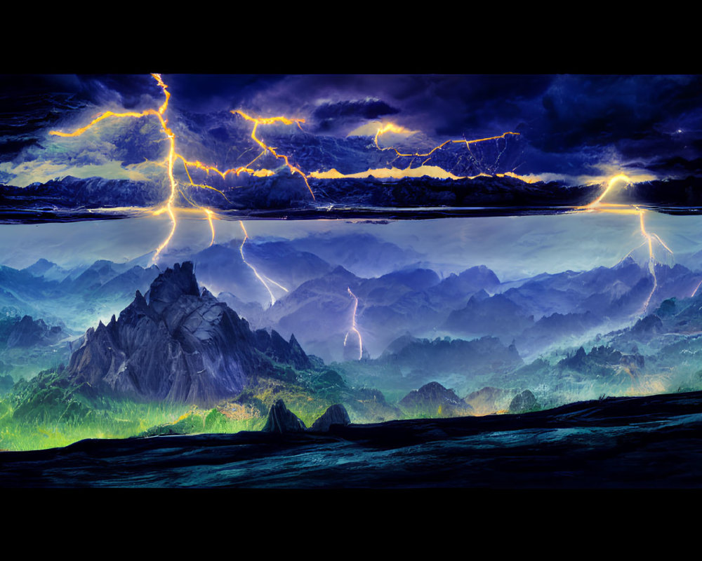 Stormy sky over jagged mountains with vibrant lightning strikes