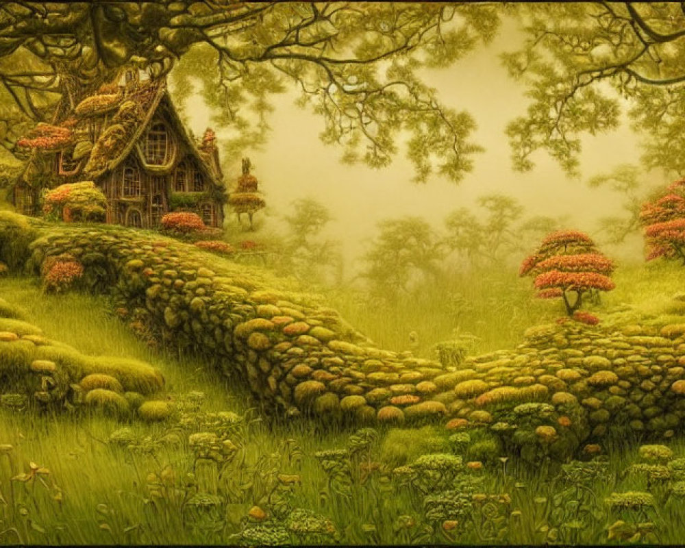 Enchanted cottage in lush fantasy landscape