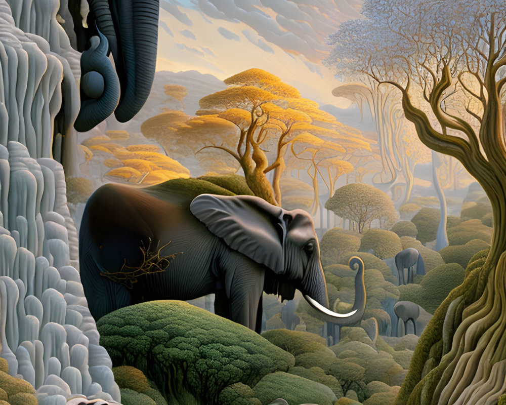 Surreal landscape with elephants merging in lush environment