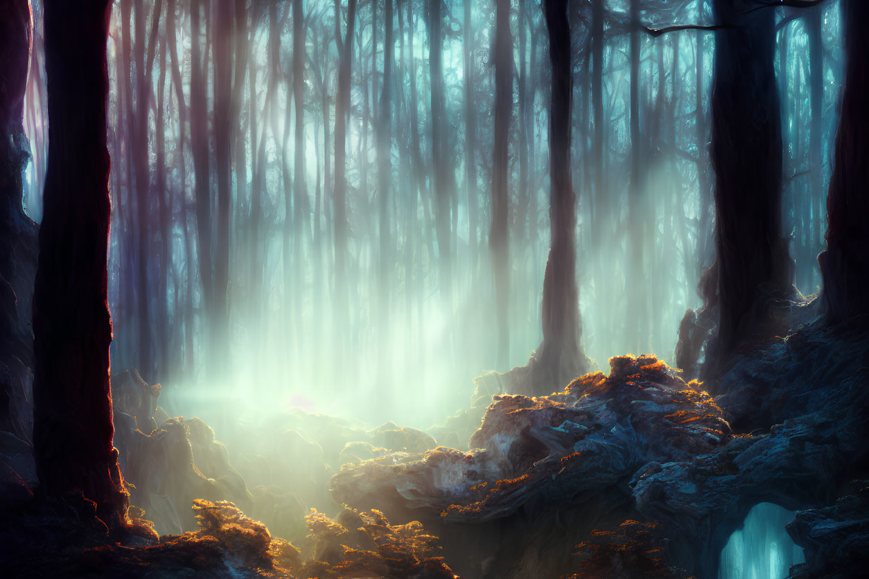 Ethereal forest scene with light beams, mist, tall trees, and moss-covered rocks