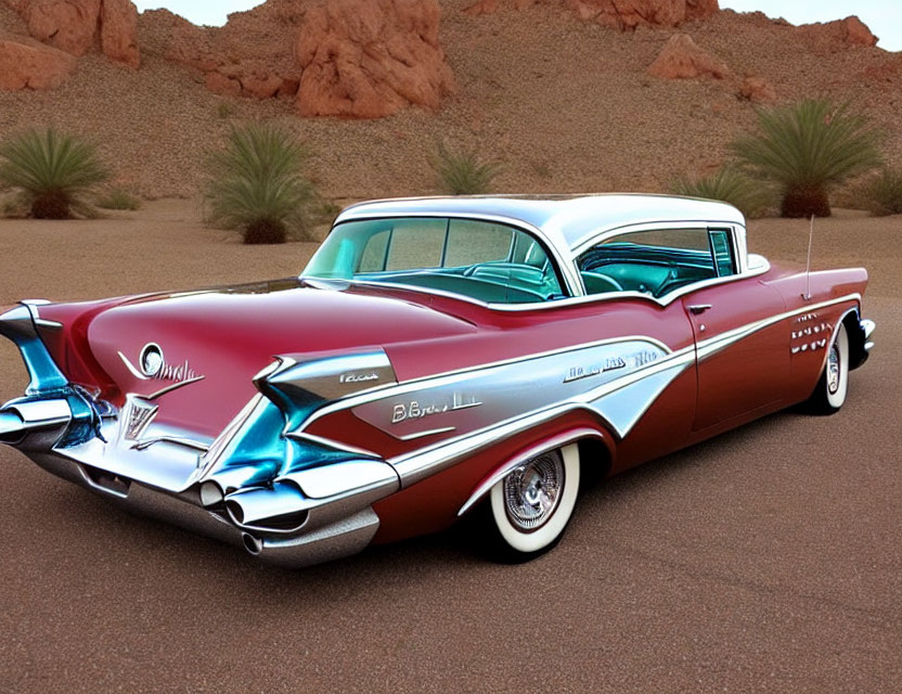 Classic Red and White Cadillac in Desert Setting