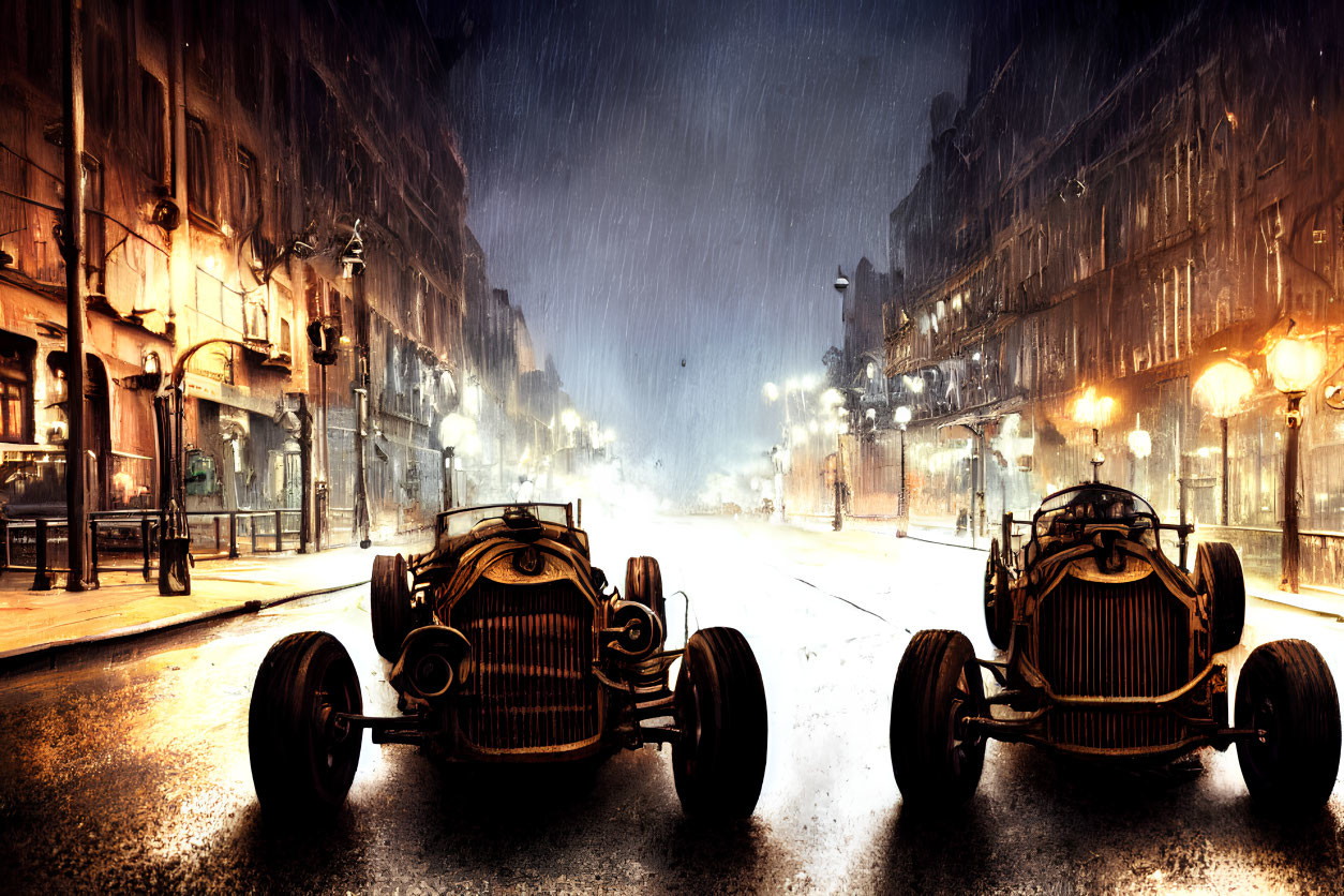 Vintage cars parked on wet urban street at night under street lamps in heavy rain