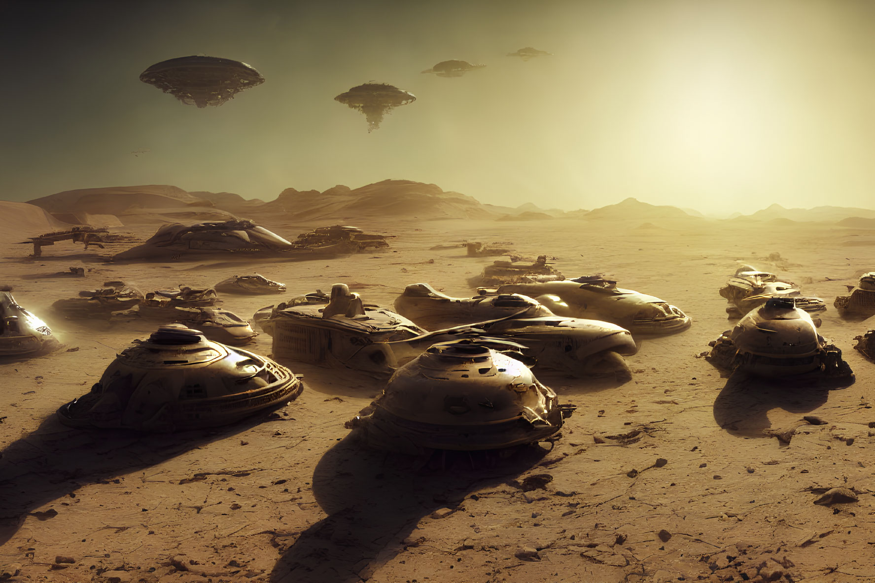 Sunlit sci-fi desert with abandoned spacecraft and hovering ships