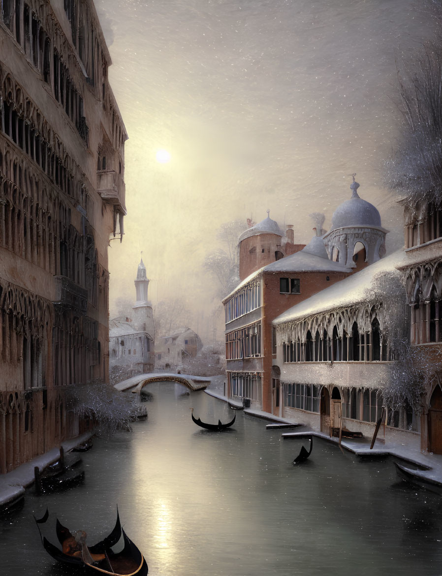 Winter Venice Canal: Gondolas, Snow-Covered Buildings, Soft Glow