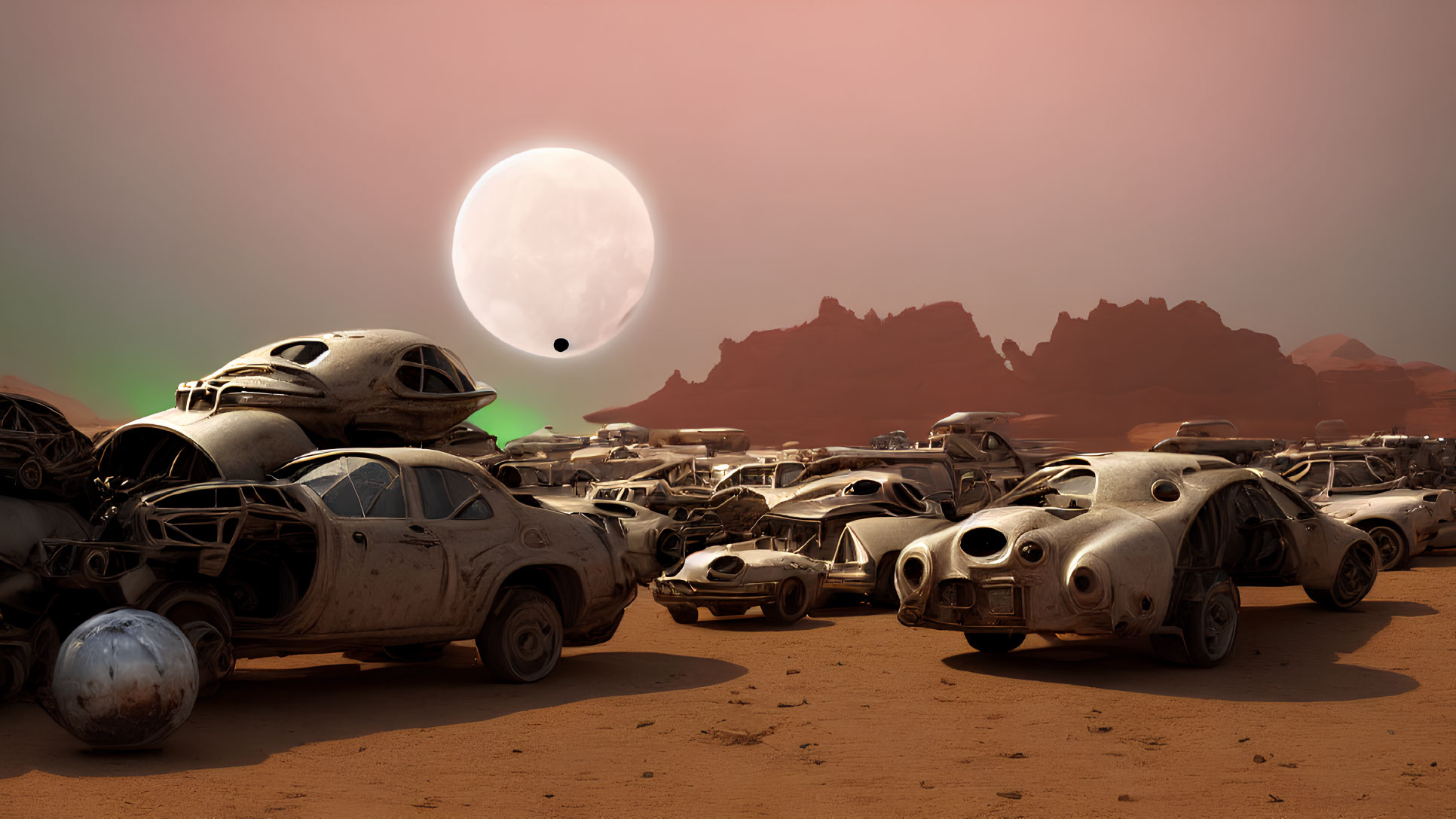 Futuristic car junkyard under hazy sky in barren desert