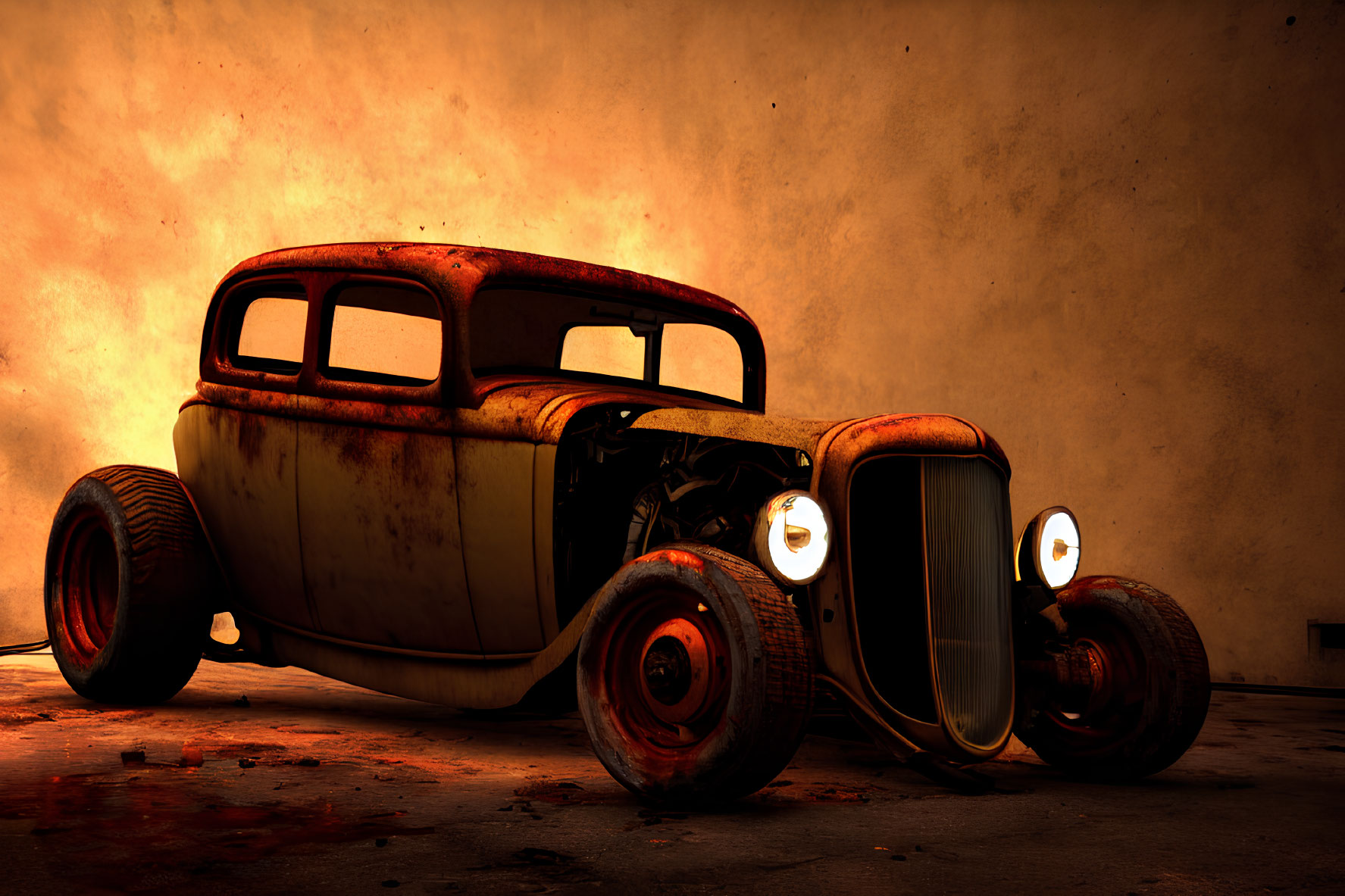 Vintage Car with Large Headlights in Rusty Setting Amid Flames and Smoke-Filled Sky