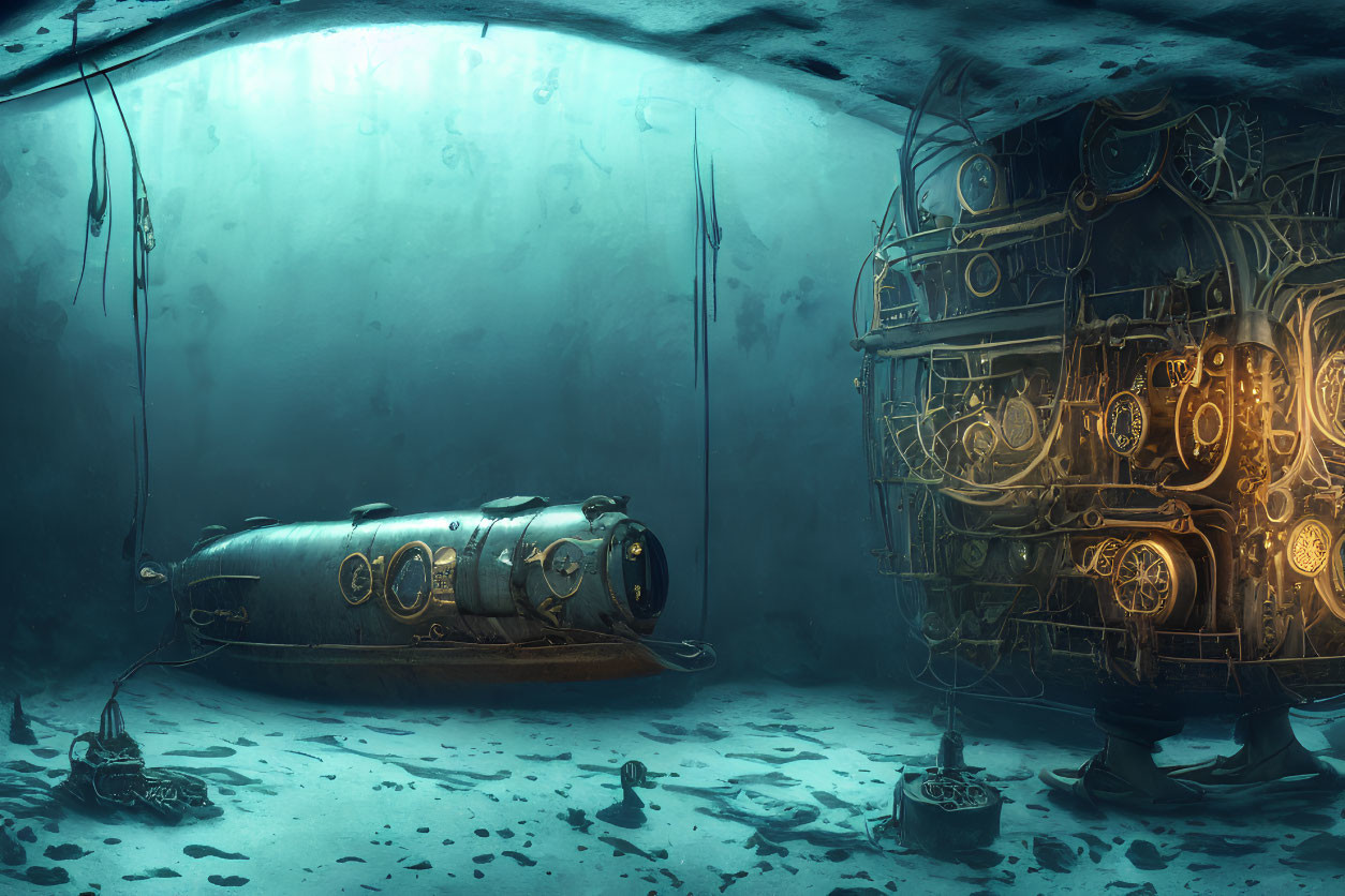 Vintage submarine and mechanical debris in underwater scene.