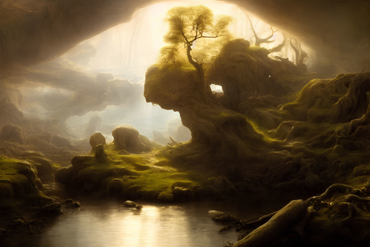 Mystical forest scene with golden light, moss-covered rocks, and serene water
