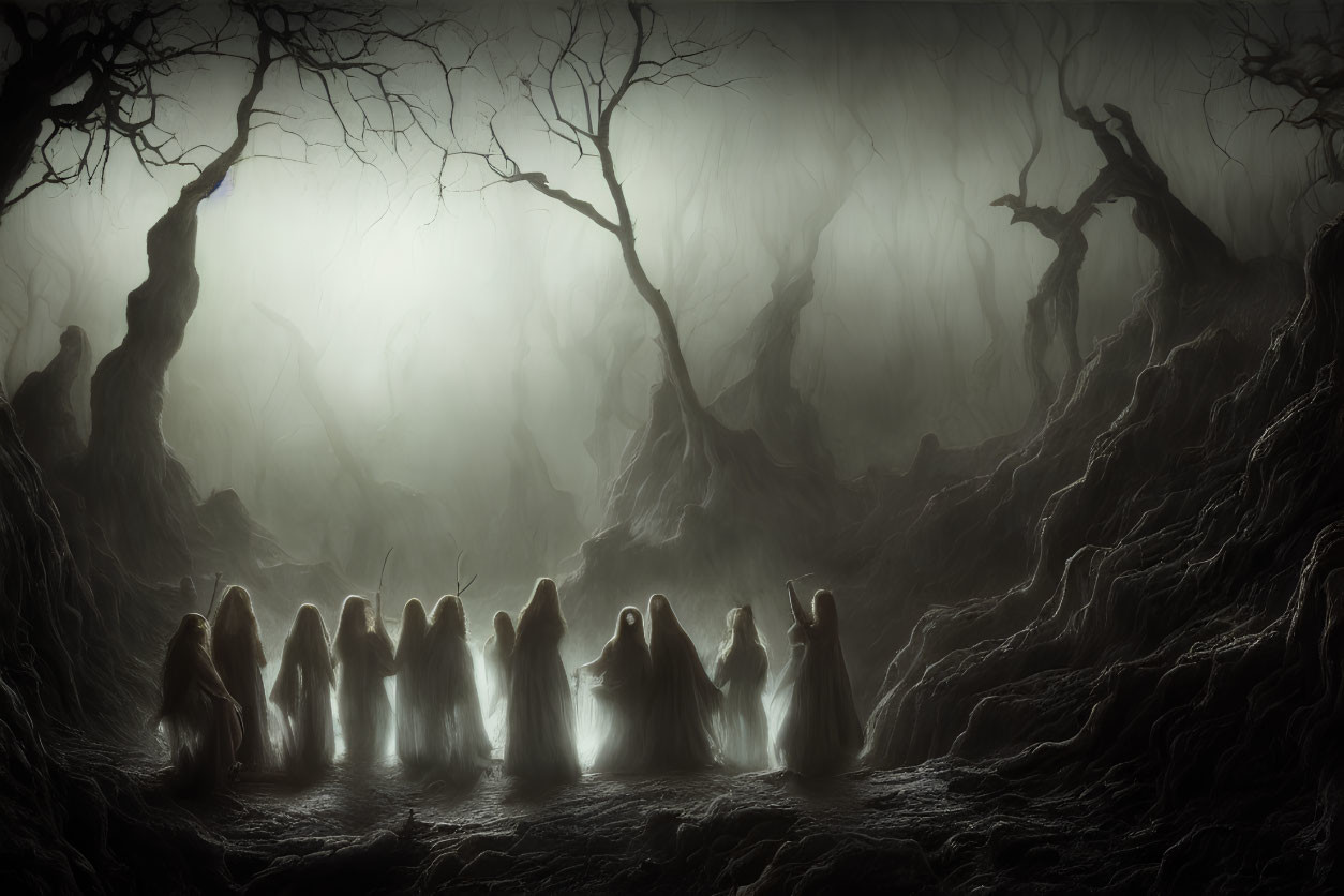 Cloaked Figures in Misty, Twisted Forest