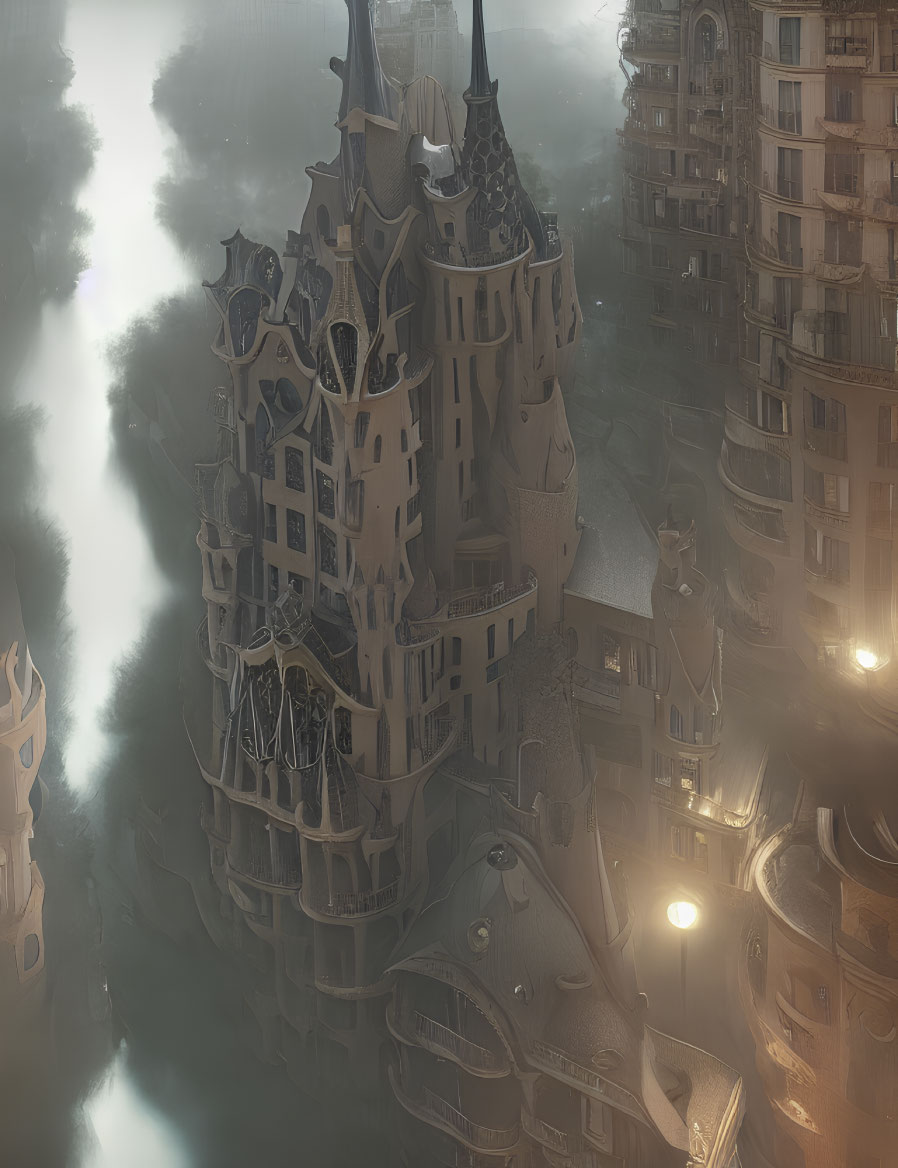 Ornate Gothic architecture in foggy cityscape