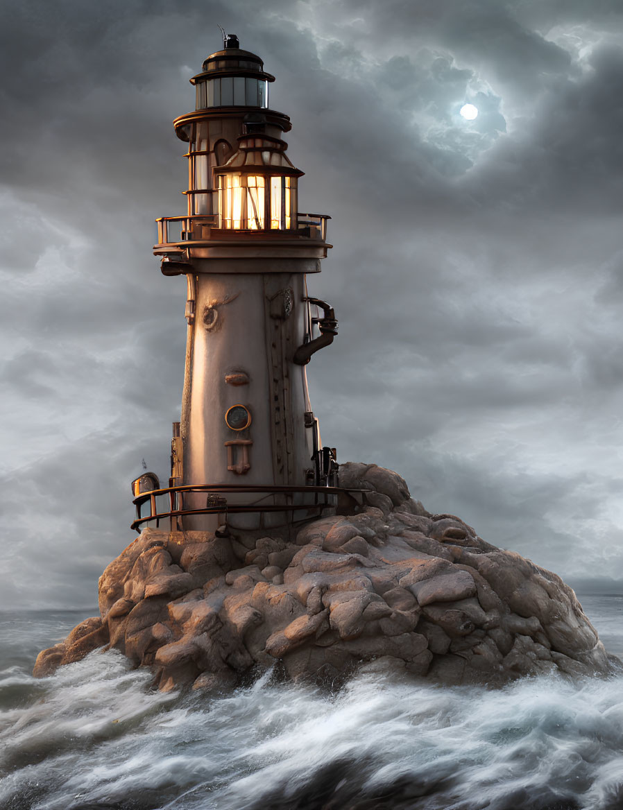 Stormy sky over rocky lighthouse with crashing waves