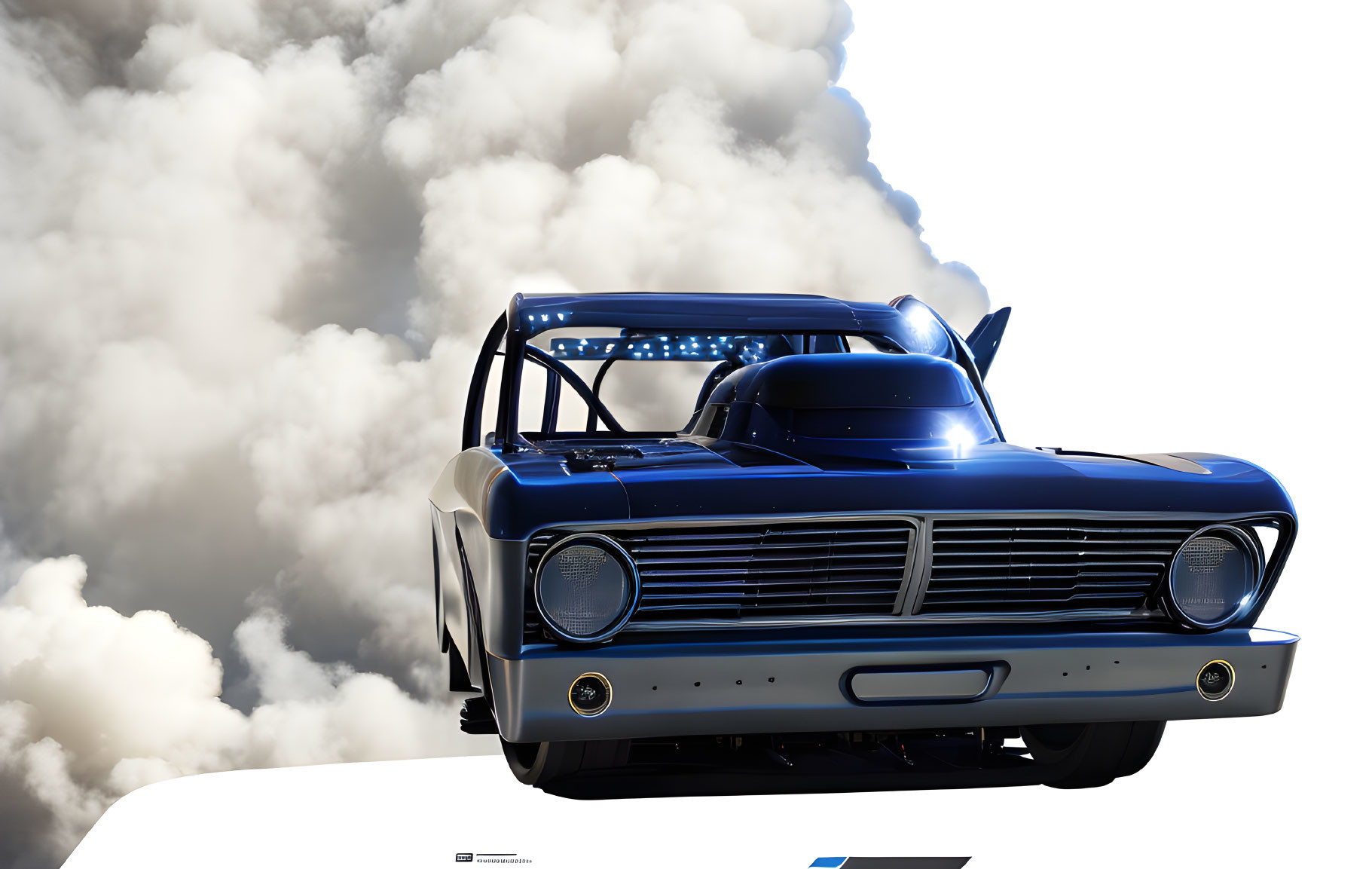 Vintage Blue Pickup Truck with Roll Cage Jumping in Cloudy Sky