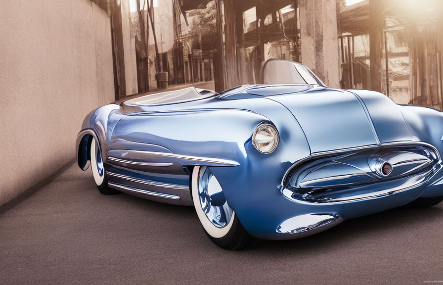Vintage Concept Car: Shiny Blue with Chrome Accents on Textured Surface