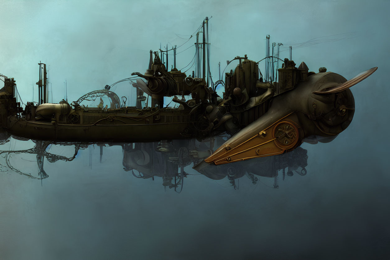Steampunk-style submarine with intricate machinery and propellers in misty environment