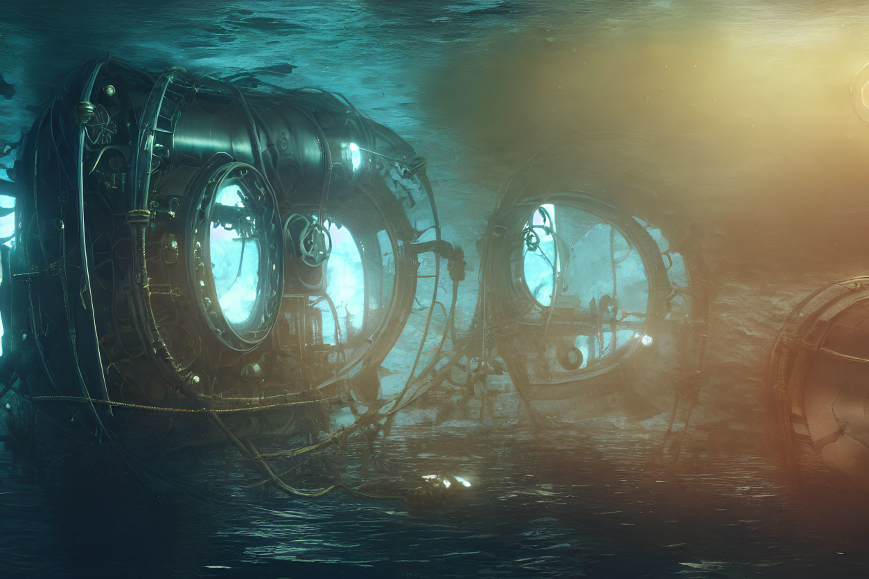 Underwater spherical structures with portholes connected by cables in a blue-green environment