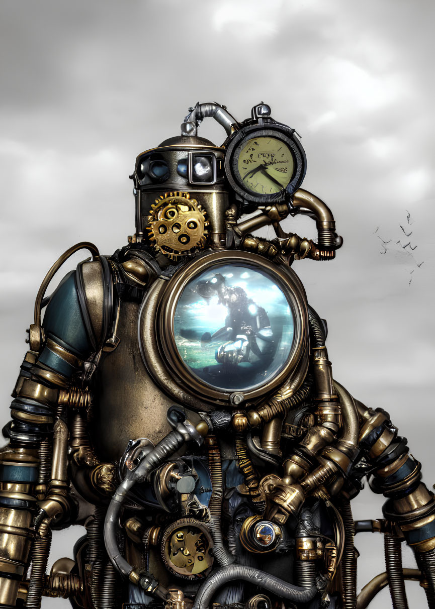 Steampunk-style robot with gears and pipes under cloudy sky