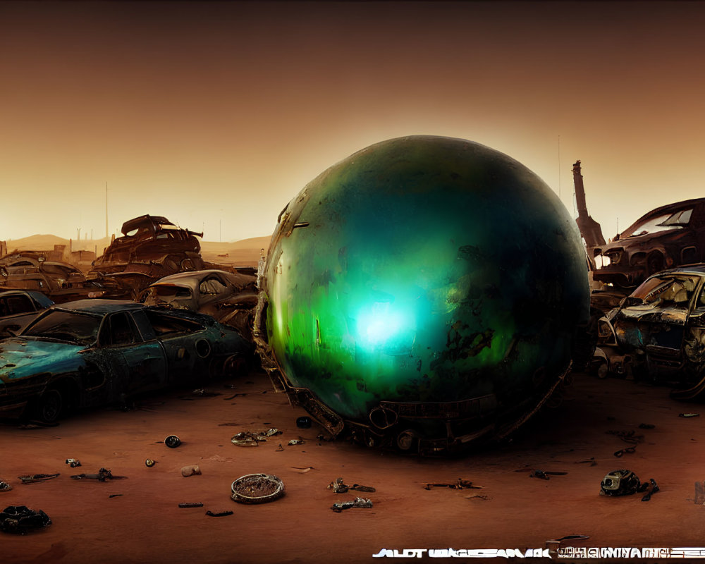 Futuristic landscape with glowing green orb in desolate setting