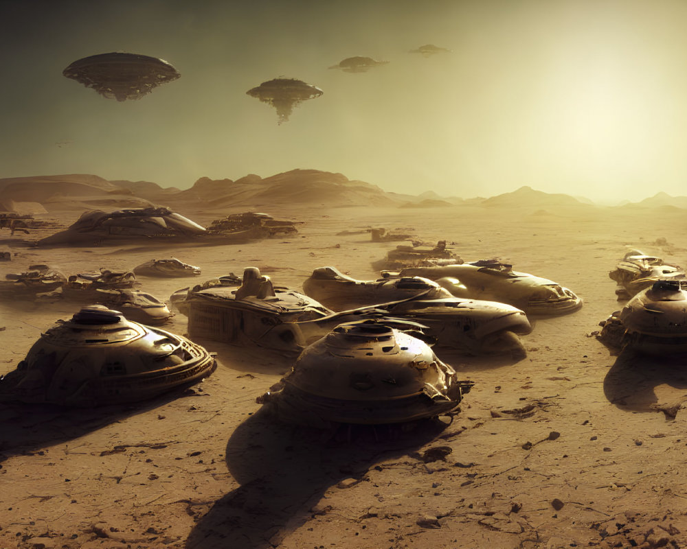 Sunlit sci-fi desert with abandoned spacecraft and hovering ships