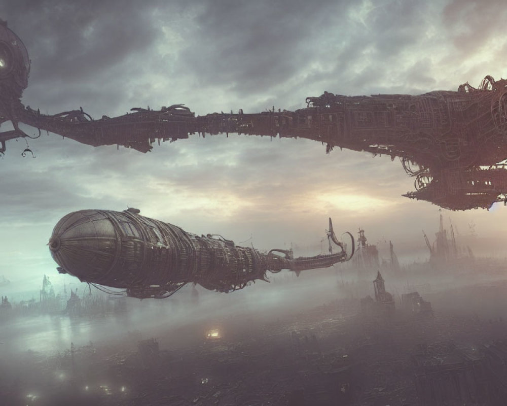 Dystopian landscape with fog, airships, ruins, and gloomy sky