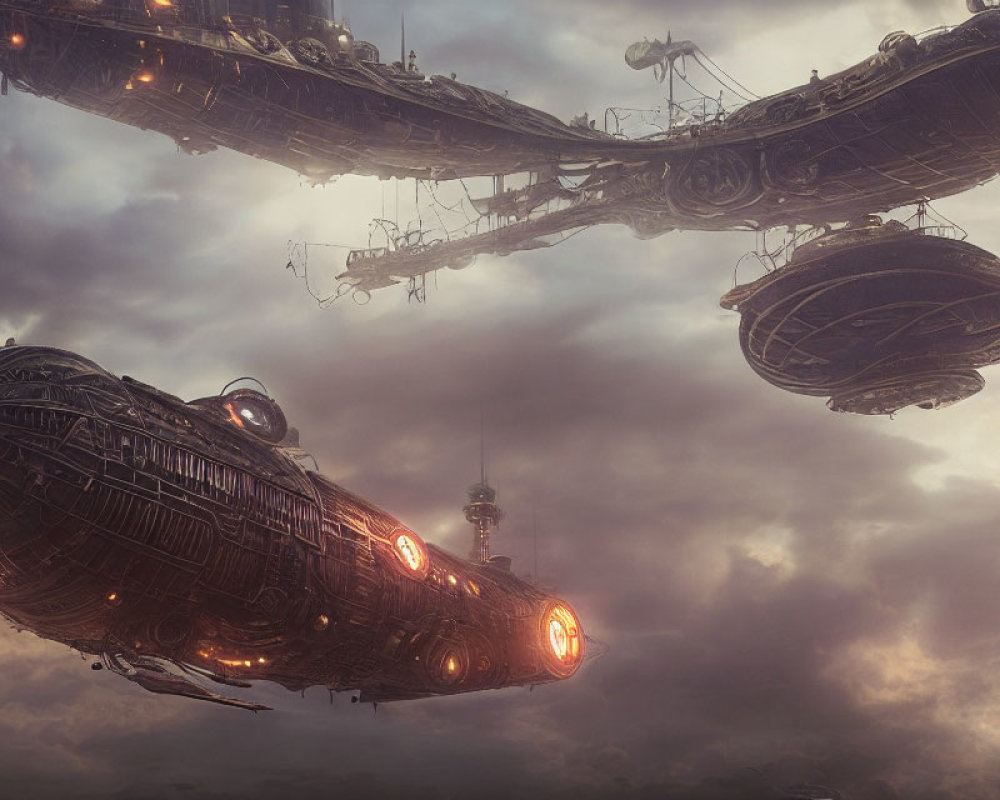 Intricate futuristic airships in cloudy sky with glowing engines