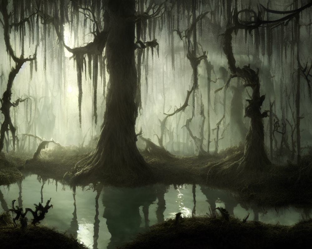 Enchanting forest with moss-covered trees and serene pond