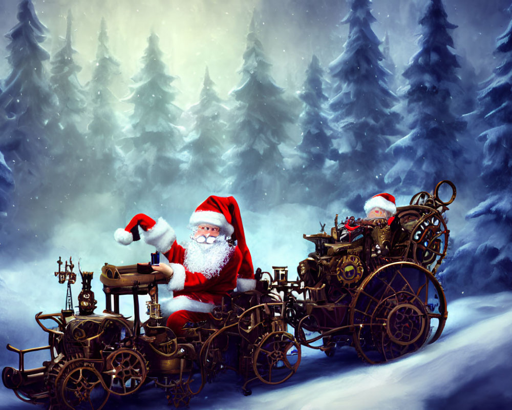 Mechanical Santa Claus in sleigh with snowy trees wave.