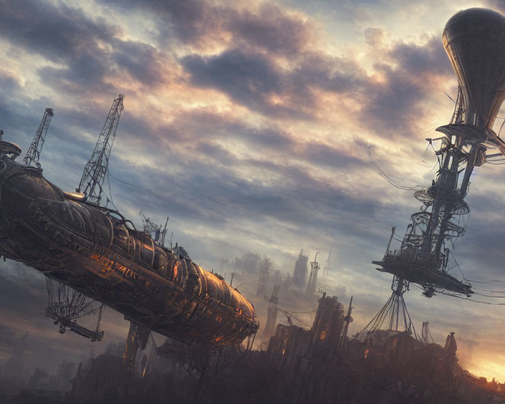 Steampunk airship over dystopian city at sunrise/sunset