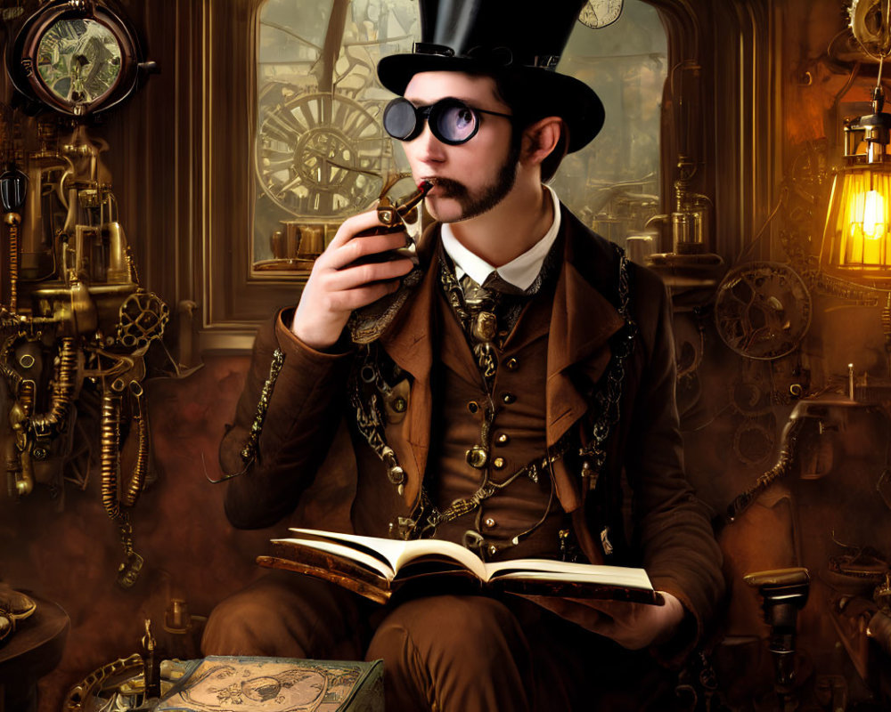 Steampunk-themed man with goggles and top hat surrounded by clocks and gears.